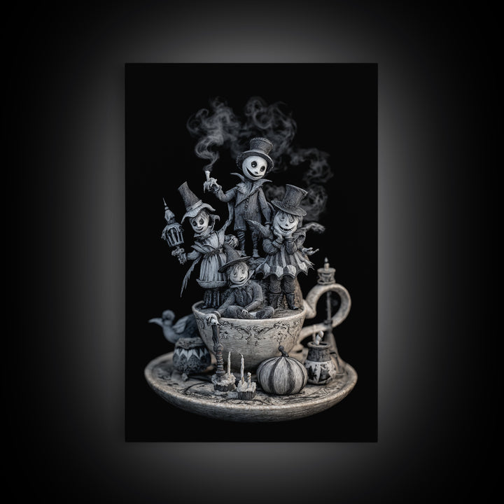 Tiny Ghosts In Teacups, Victorian Macabre Art, Vertical Wall Art, Macabre Wall Art, Canvas Print, Halloween Wall Art, Gothic Home Decor