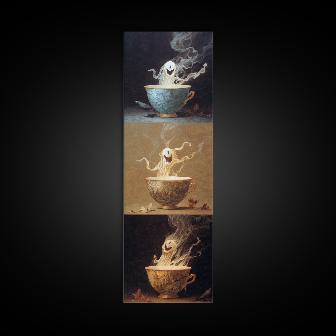Tiny Ghosts In Teacups, Surreal Apocalyptic Art, Tall Narrow Wall Art, Macabre Wall Art, Canvas Print, Halloween Wall Art