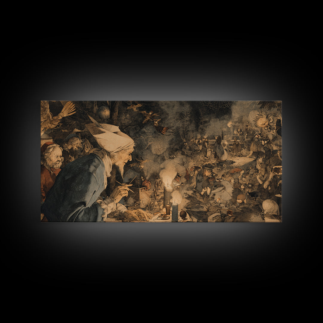 The Spider Sewing Circle, Northern Renaissance Horror, Wide Panoramic Art, Gothic Horror Wall Art, Framed Canvas Print