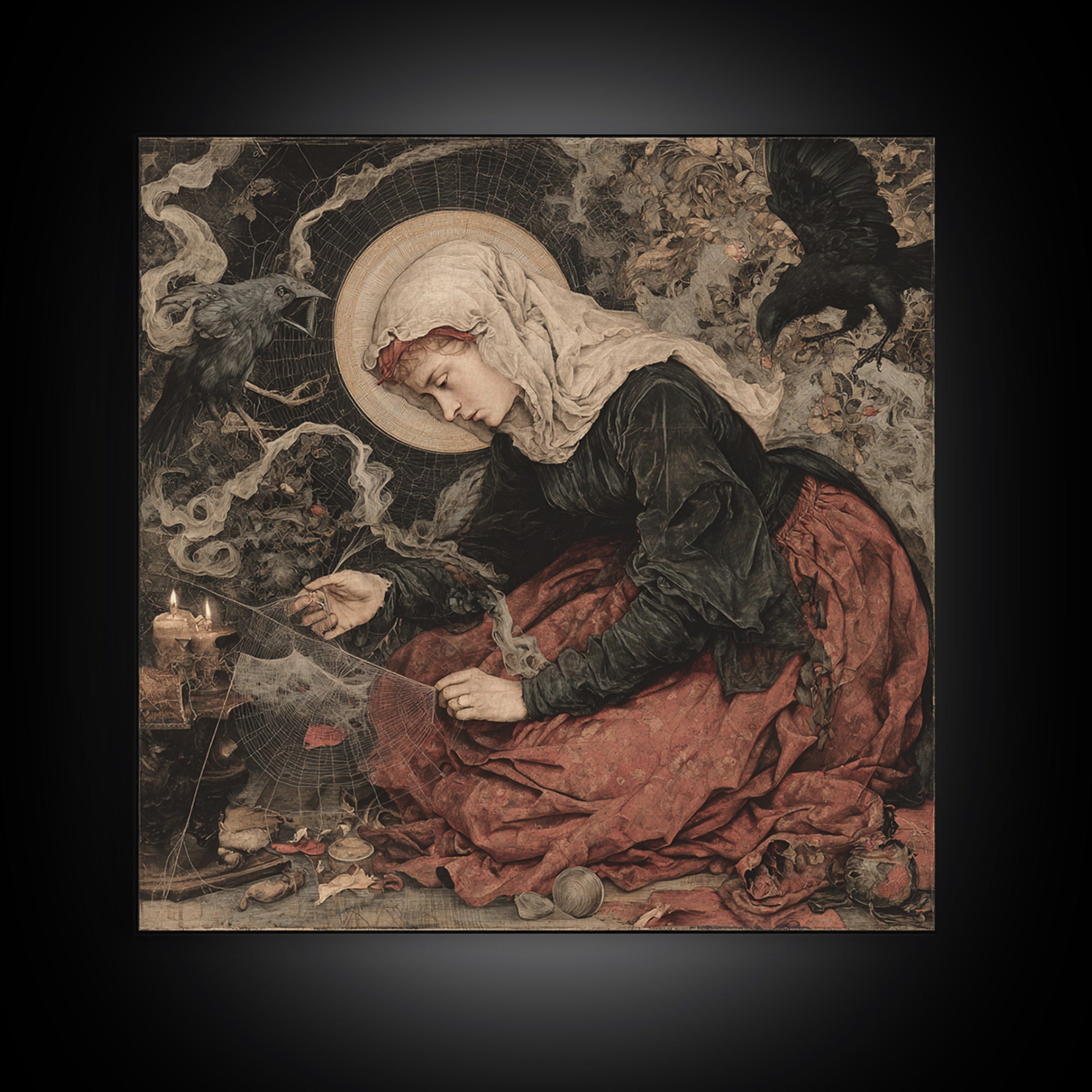 The Spider Sewing Circle, Dark Renaissance Art, Square Wall Art, Gothic Horror Wall Art, Canvas Print, Halloween Wall Art