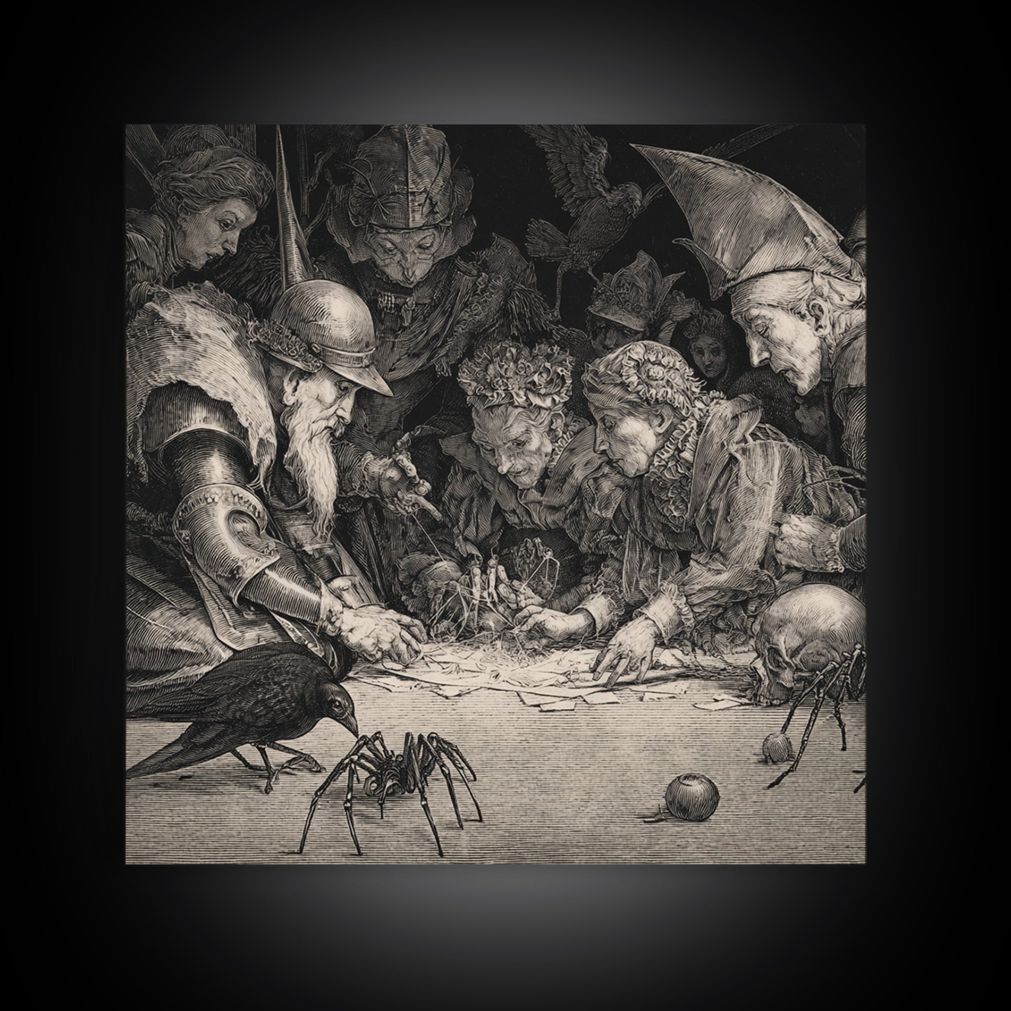 The Spider Sewing Circle, Renaissance Engraving Art, Square Wall Art, Macabre Wall Art, Framed Canvas Print, Halloween Wall Art