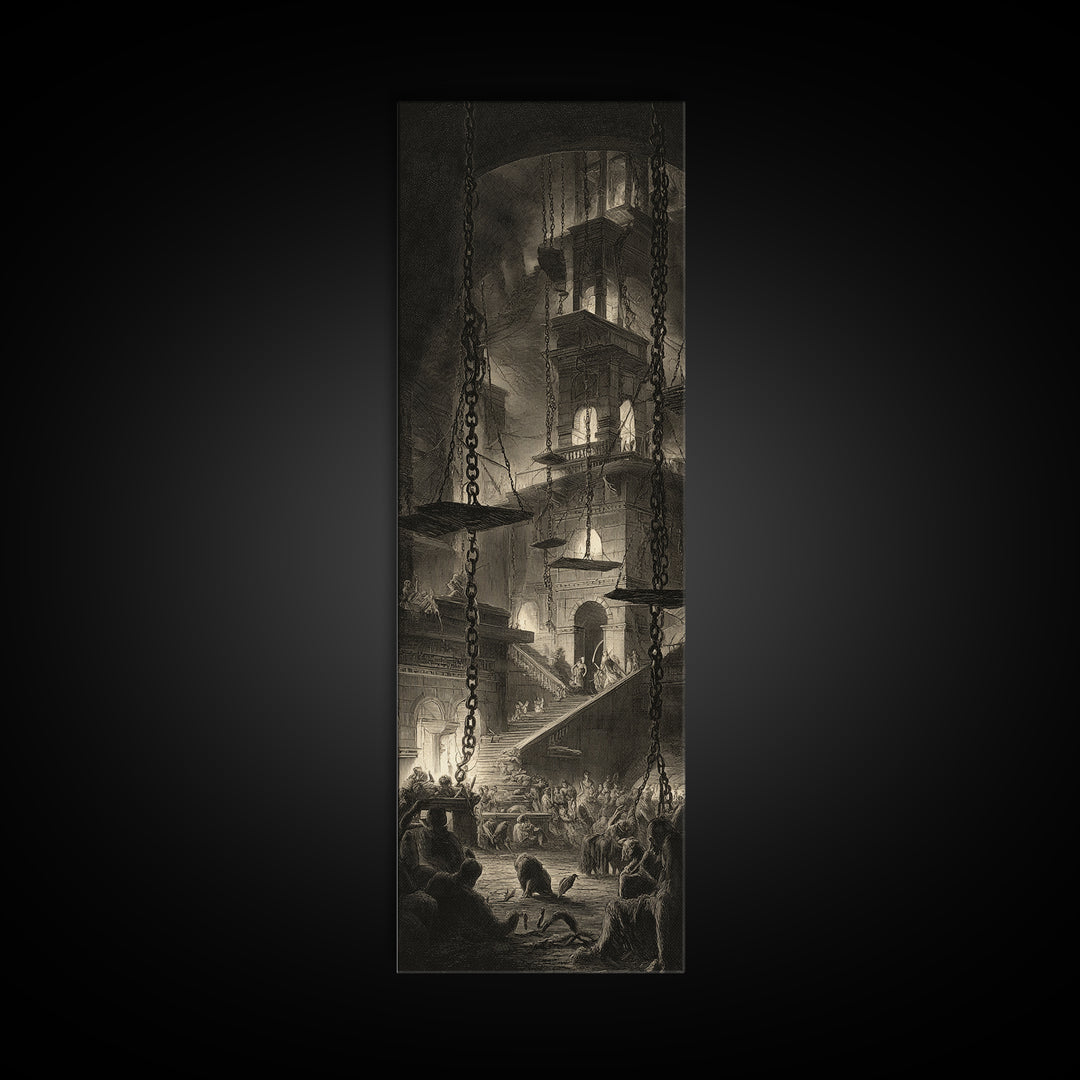 The Spider Sewing Circle, Architectural Etching Art, Tall Narrow Wall Art, Dark Halloween Decor, Canvas Print