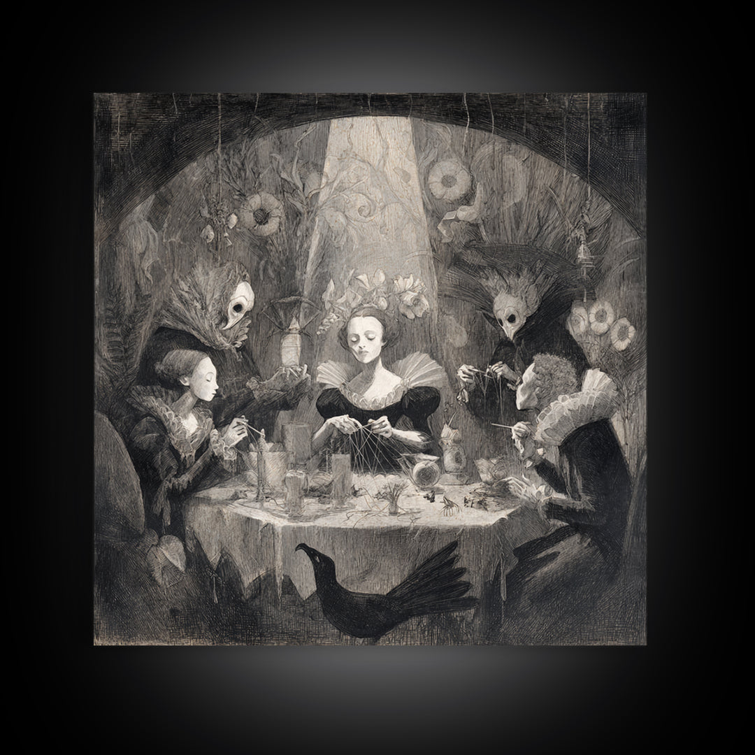 The Spider Sewing Circle, Symbolist Dream Art, Square Wall Art, Gothic Horror Wall Art, Framed Canvas Print, Halloween Wall Art