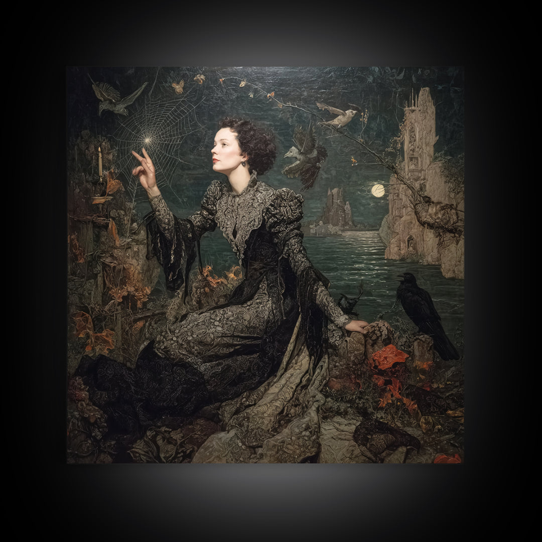 The Spider Sewing Circle, Symbolist Gothic Landscape, Square Wall Art, Dark Fantasy Wall Art, Canvas Print, Halloween Wall Art