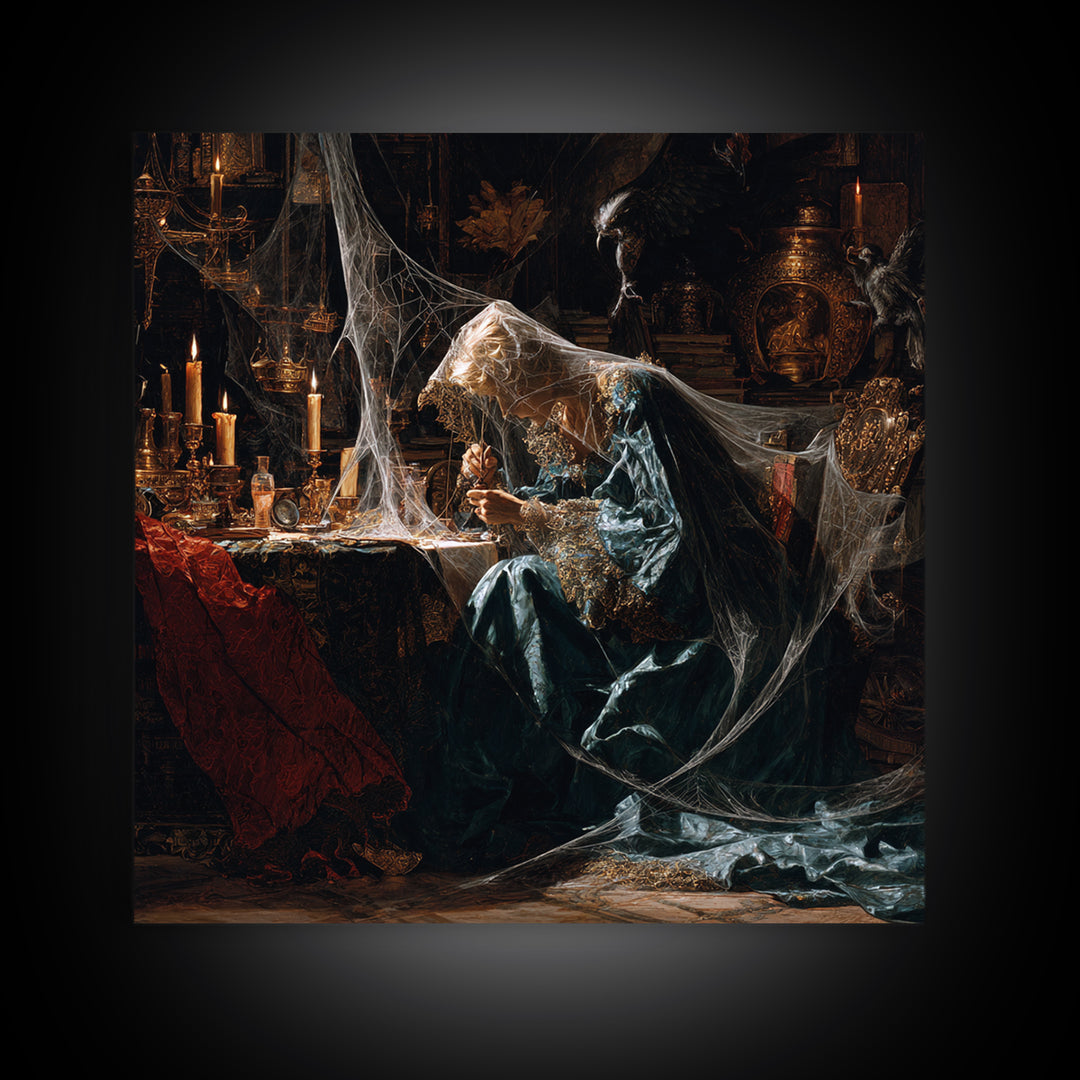 The Spider Sewing Circle, Ornate Symbolist Art, Square Wall Art, Dark Fantasy Wall Art, Framed Canvas Print, Halloween Wall Art