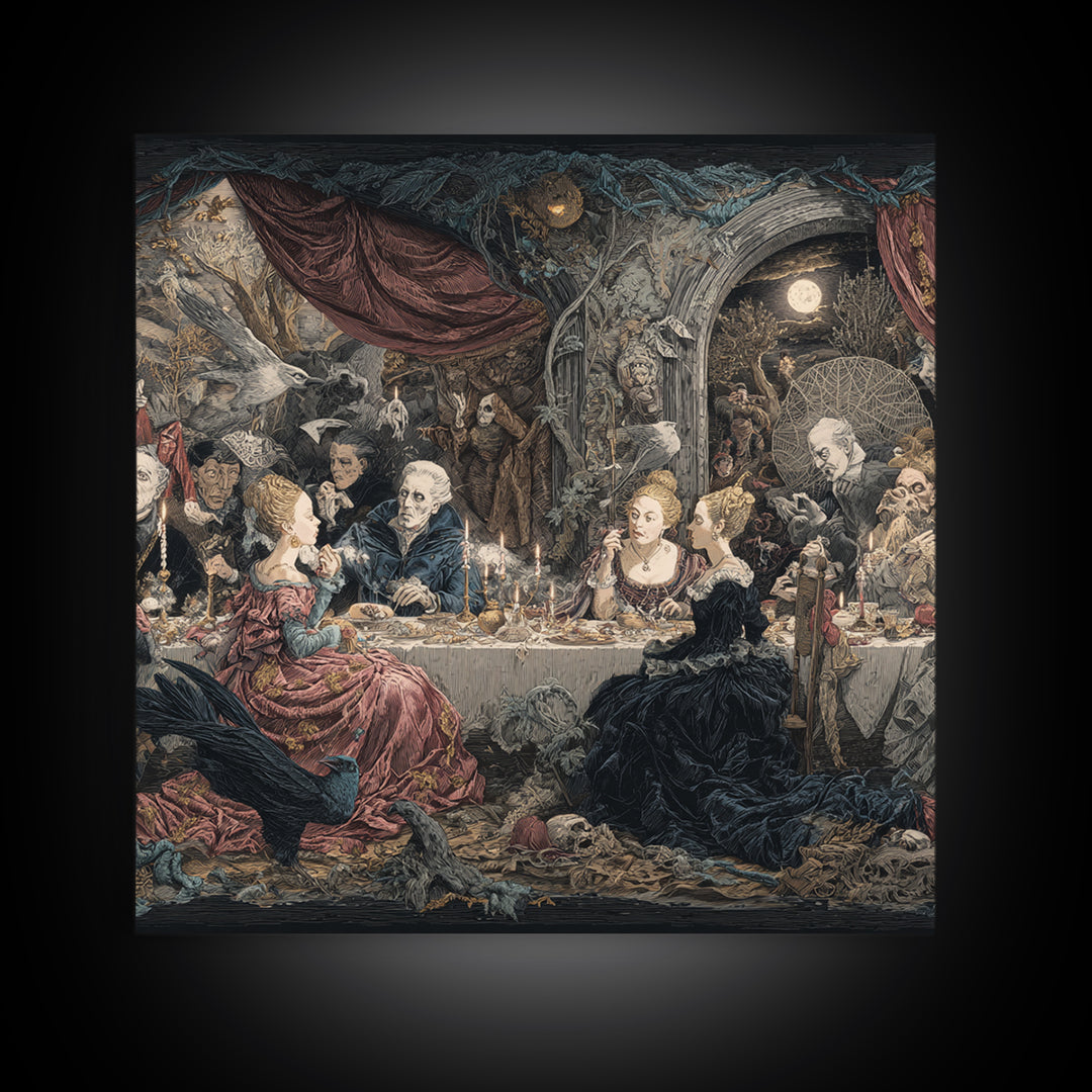 The Spider Sewing Circle, Symbolist Etching Art, Square Wall Art, Dark Halloween Decor, Framed Canvas Print, Halloween Wall Art