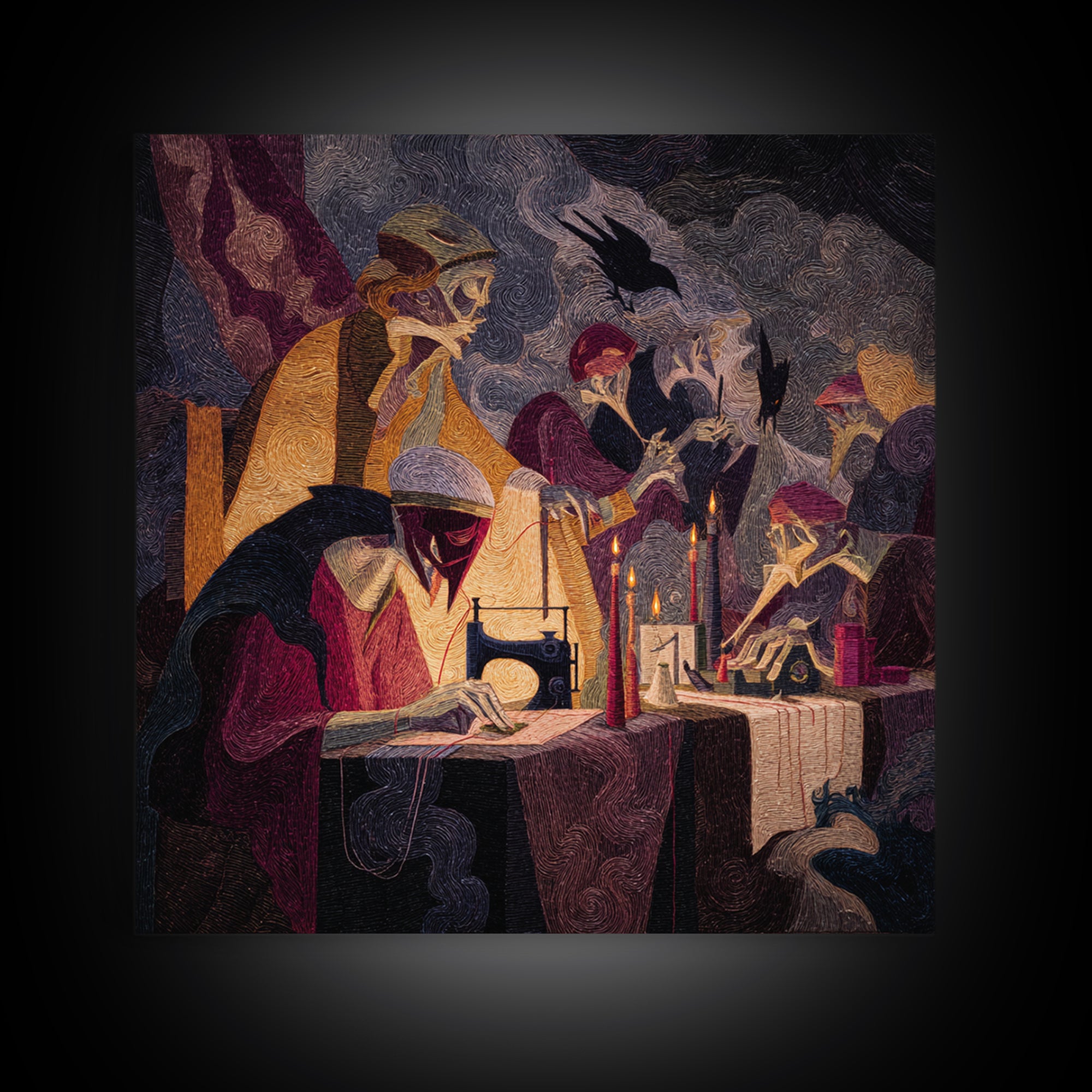 The Spider Sewing Circle, Expressionist Gothic Art, Square Wall Art, Gothic Horror Wall Art, Canvas Print, Halloween Wall Art