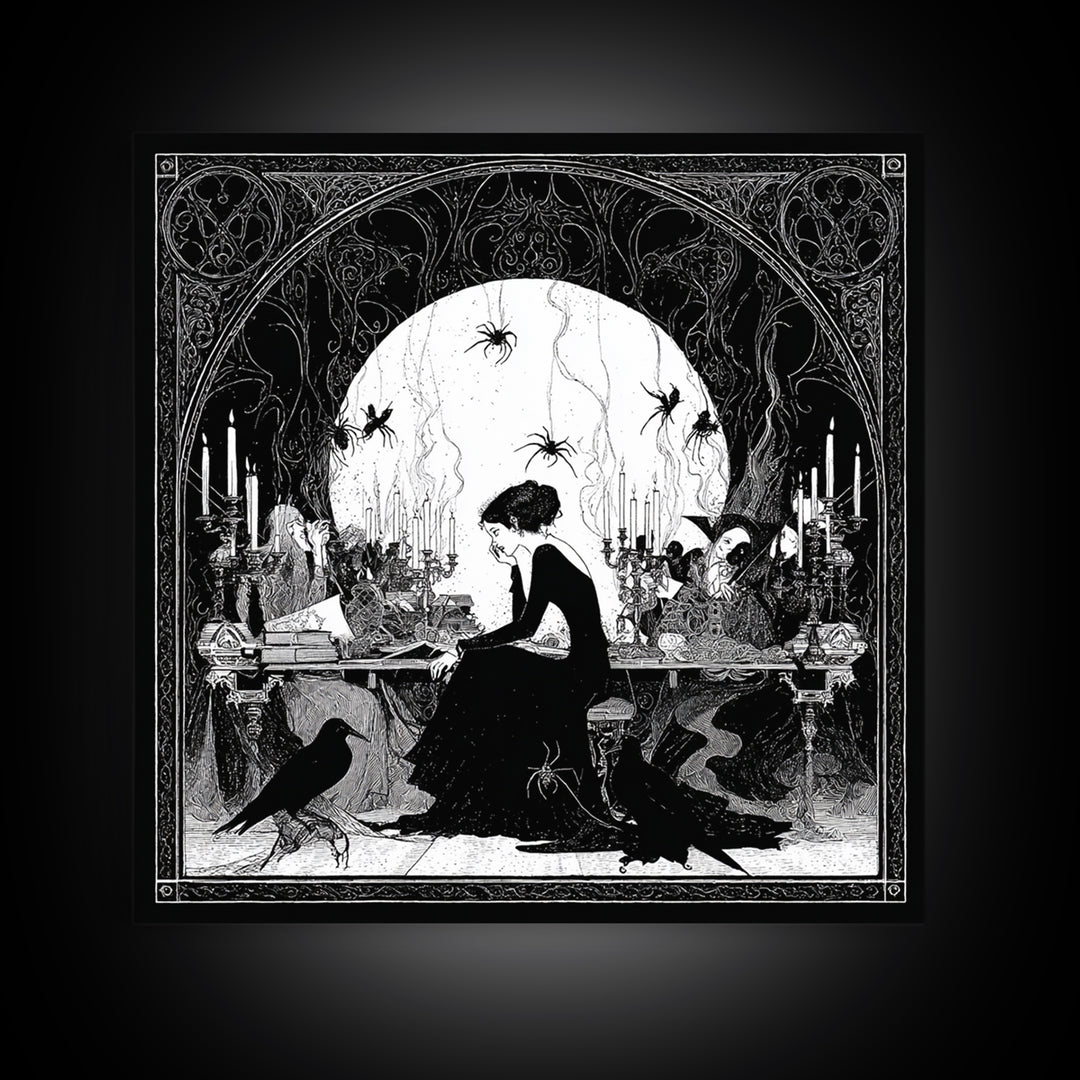 The Spider Sewing Circle, Decadent Line Art, Square Wall Art, Macabre Wall Art, Framed Canvas Print, Halloween Wall Art