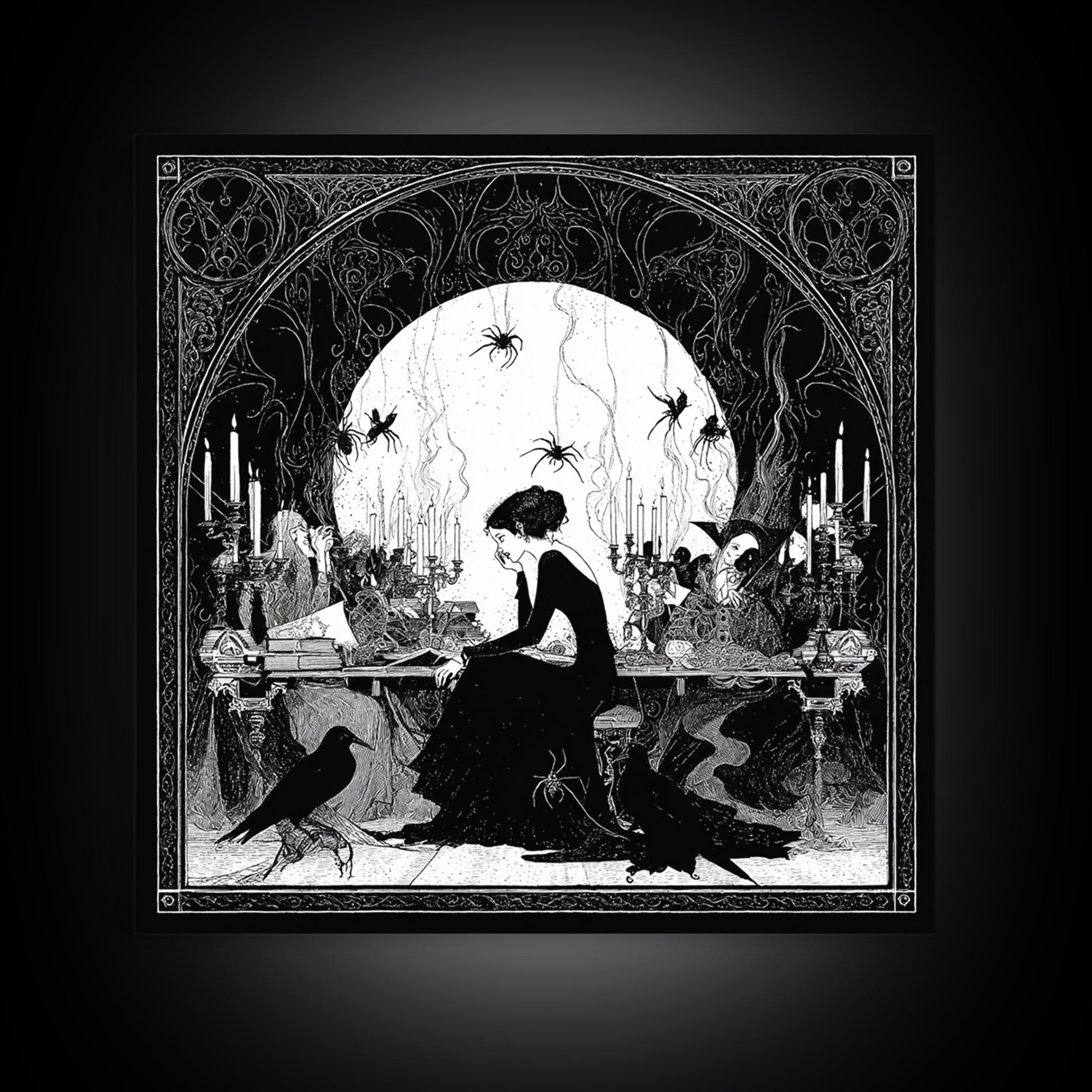 The Spider Sewing Circle, Decadent Line Art, Square Wall Art, Macabre Wall Art, Framed Canvas Print, Halloween Wall Art