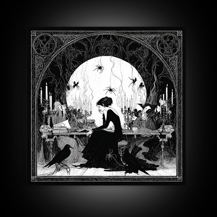 The Spider Sewing Circle, Decadent Line Art, Square Wall Art, Macabre Wall Art, Framed Canvas Print, Halloween Wall Art