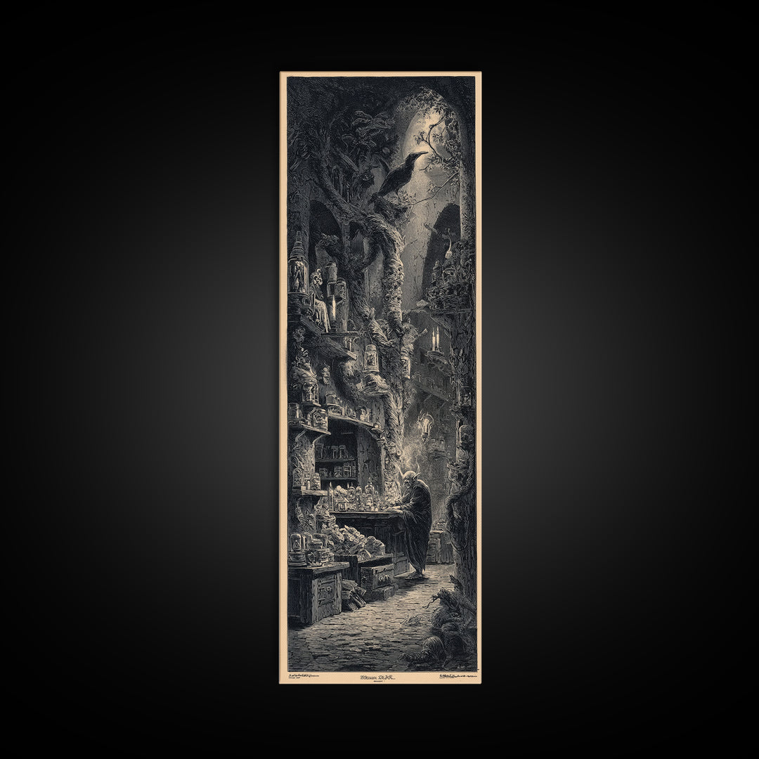 The Goblin Candy Shop, Gothic Engraving Art, Tall Narrow Wall Art, Dark Fantasy Wall Art, Framed Canvas Print, Halloween Wall Art