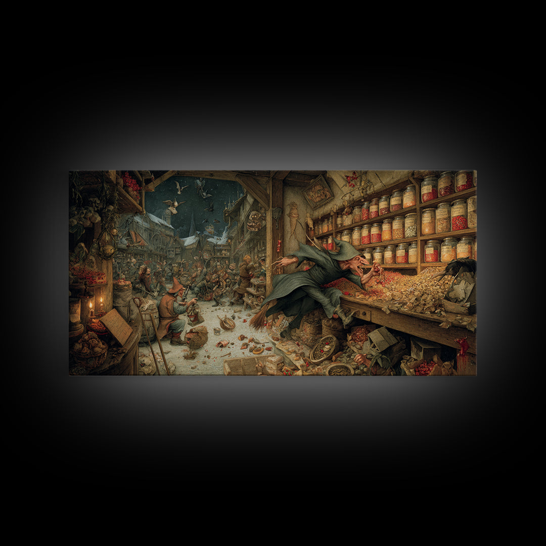 The Goblin Candy Shop, Northern Renaissance Horror, Wide Panoramic Art, Gothic Horror Wall Art, Framed Canvas Print