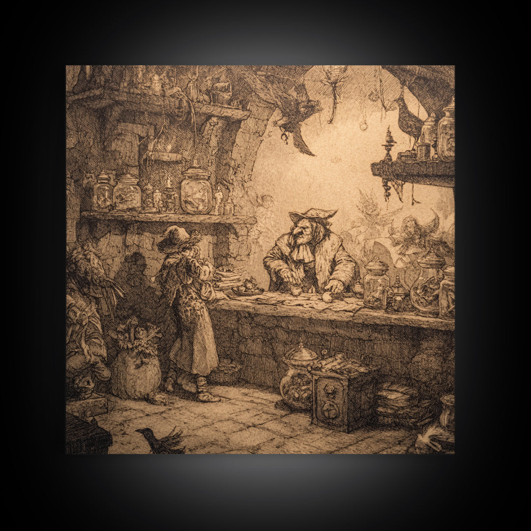 The Goblin Candy Shop, Renaissance Engraving Art, Square Wall Art, Dark Fantasy Wall Art, Framed Canvas Print, Halloween Wall Art