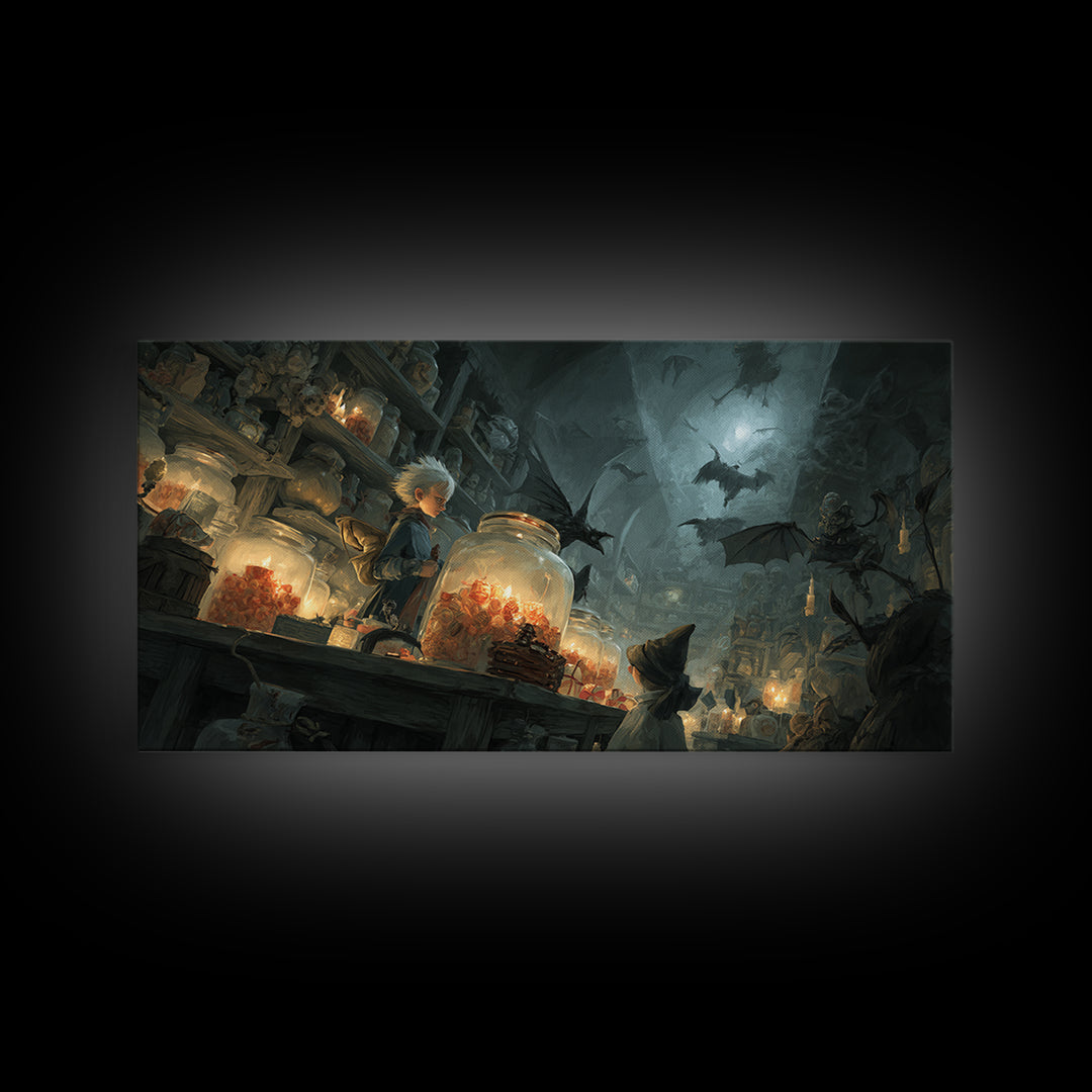 The Goblin Candy Shop, Visionary Gothic Art, Wide Panoramic Art, Dark Halloween Decor, Canvas Print, Halloween Wall Art