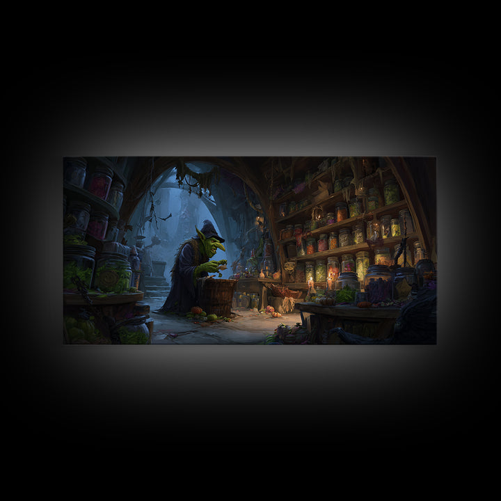 The Goblin Candy Shop, Apocalyptic Romantic Art, Wide Panoramic Art, Gothic Horror Wall Art, Framed Canvas Print, Halloween Wall Art