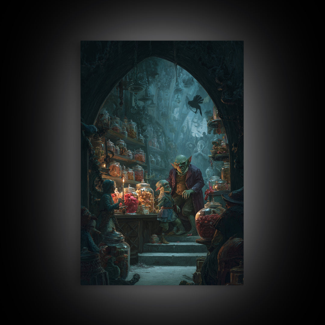 The Goblin Candy Shop, Dark Symbolist Art, Vertical Wall Art, Dark Halloween Decor, Canvas Print, Halloween Wall Art
