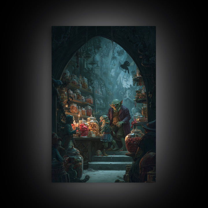 The Goblin Candy Shop, Dark Symbolist Art, Vertical Wall Art, Dark Halloween Decor, Canvas Print, Halloween Wall Art