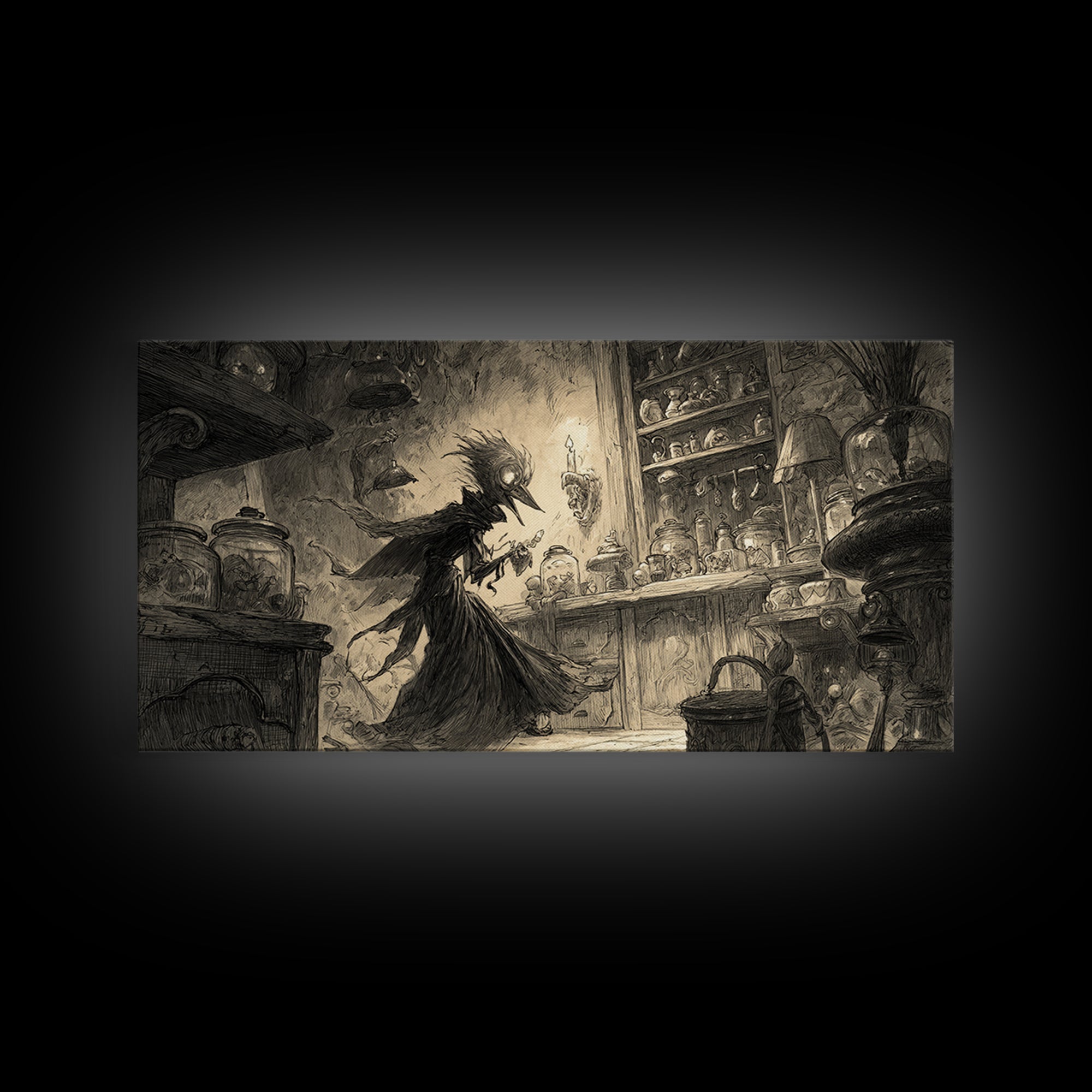 The Goblin Candy Shop, Expressionist Nightmare Art, Wide Panoramic Art, Dark Halloween Decor, Canvas Print, Halloween Wall Art