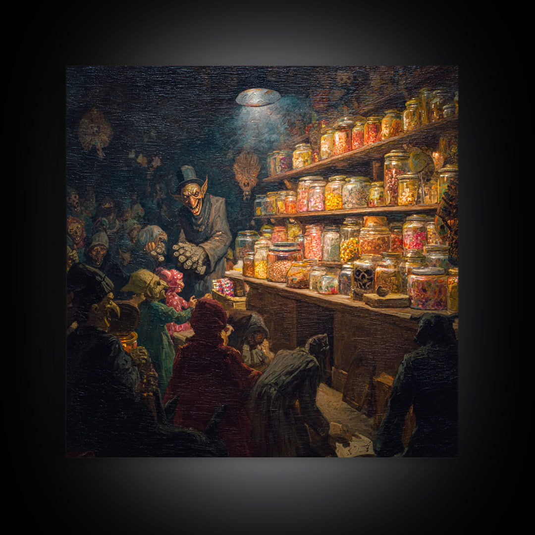 The Goblin Candy Shop, Grotesque Carnival Art, Square Wall Art, Dark Halloween Decor, Canvas Print, Halloween Wall Art