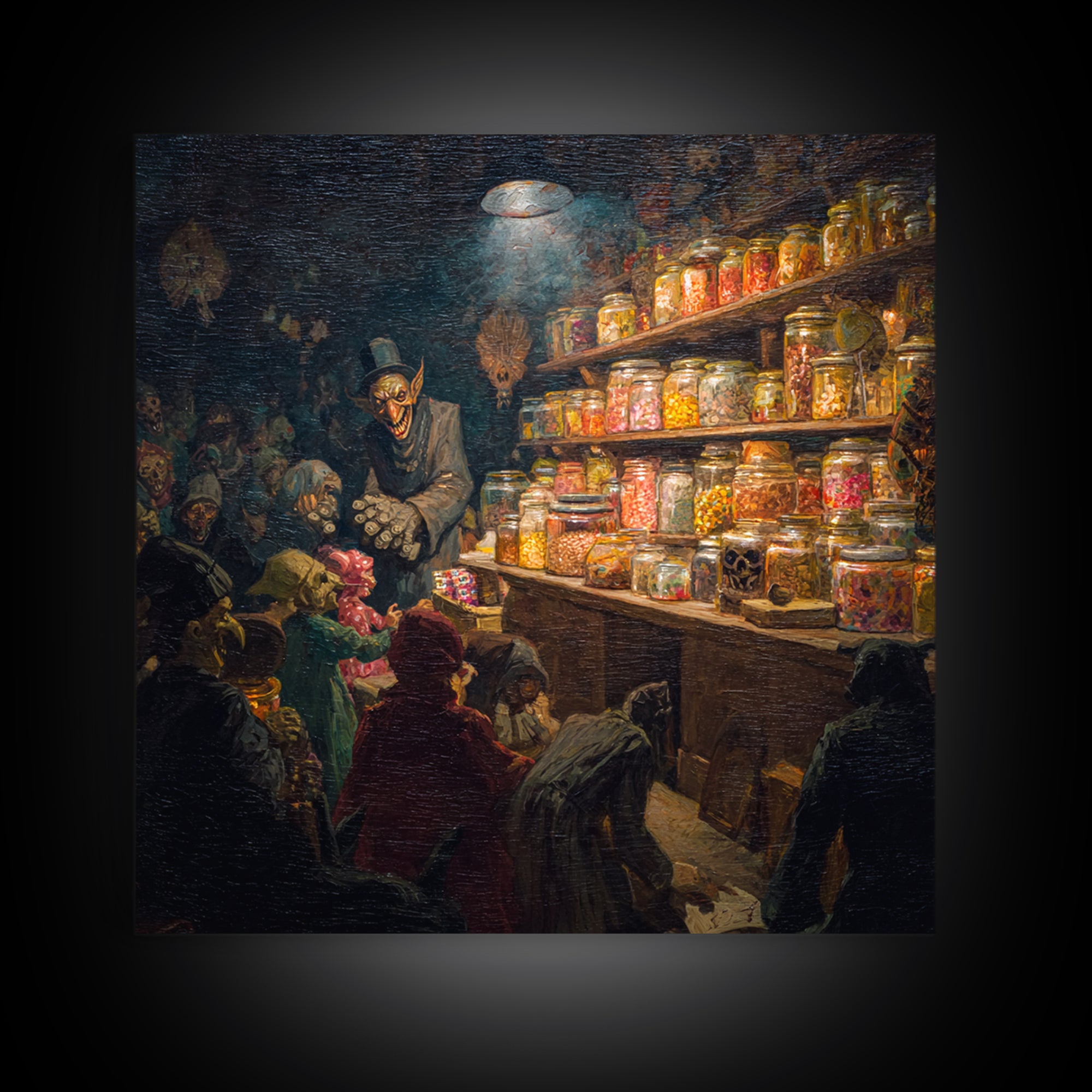 The Goblin Candy Shop, Grotesque Carnival Art, Square Wall Art, Dark Halloween Decor, Canvas Print, Halloween Wall Art