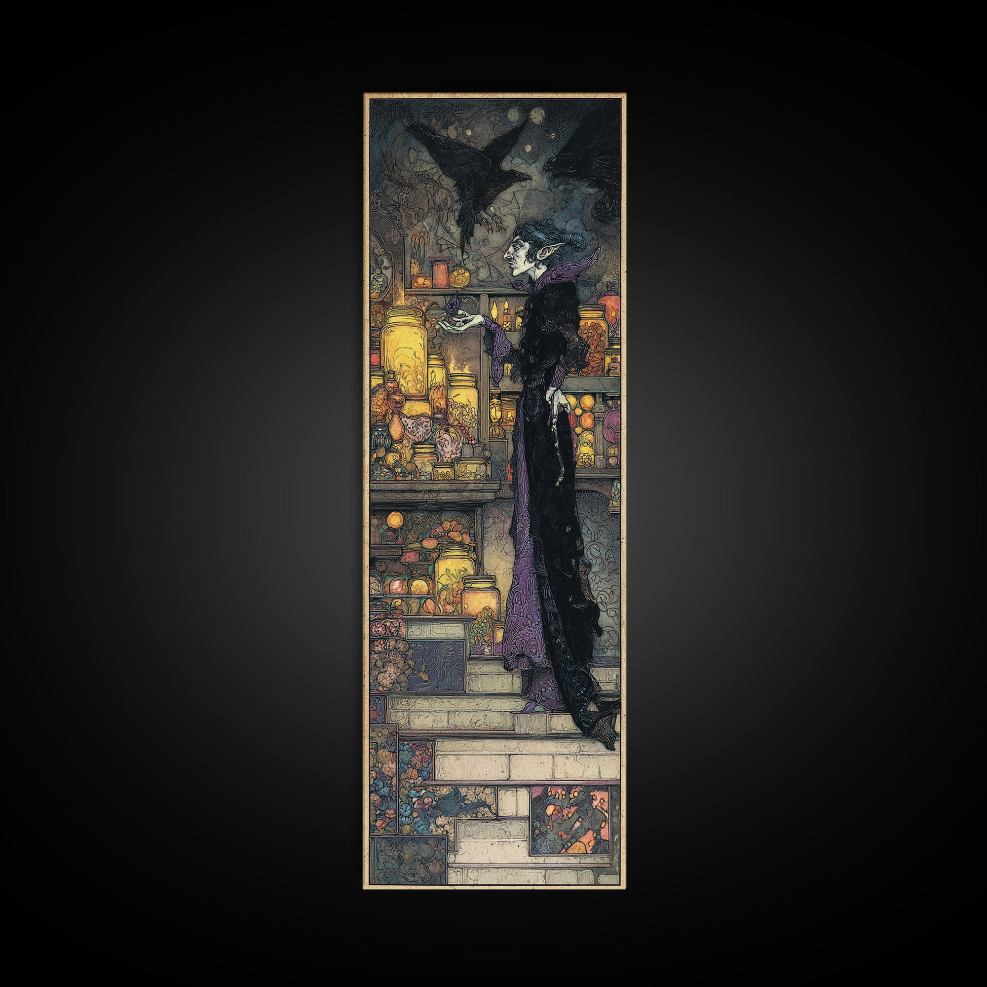 The Goblin Candy Shop, Stained Glass Gothic Art, Tall Narrow Wall Art, Dark Halloween Decor, Framed Canvas Print, Halloween Wall Art
