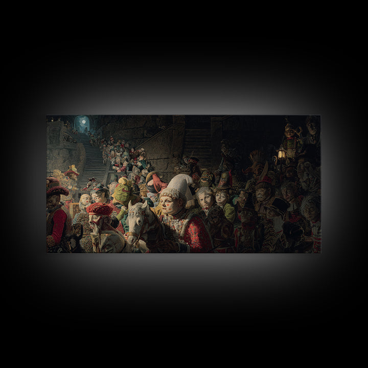 The Haunted Toy Parade, Architectural Etching Art, Wide Panoramic Art, Macabre Wall Art, Canvas Print, Halloween Wall Art