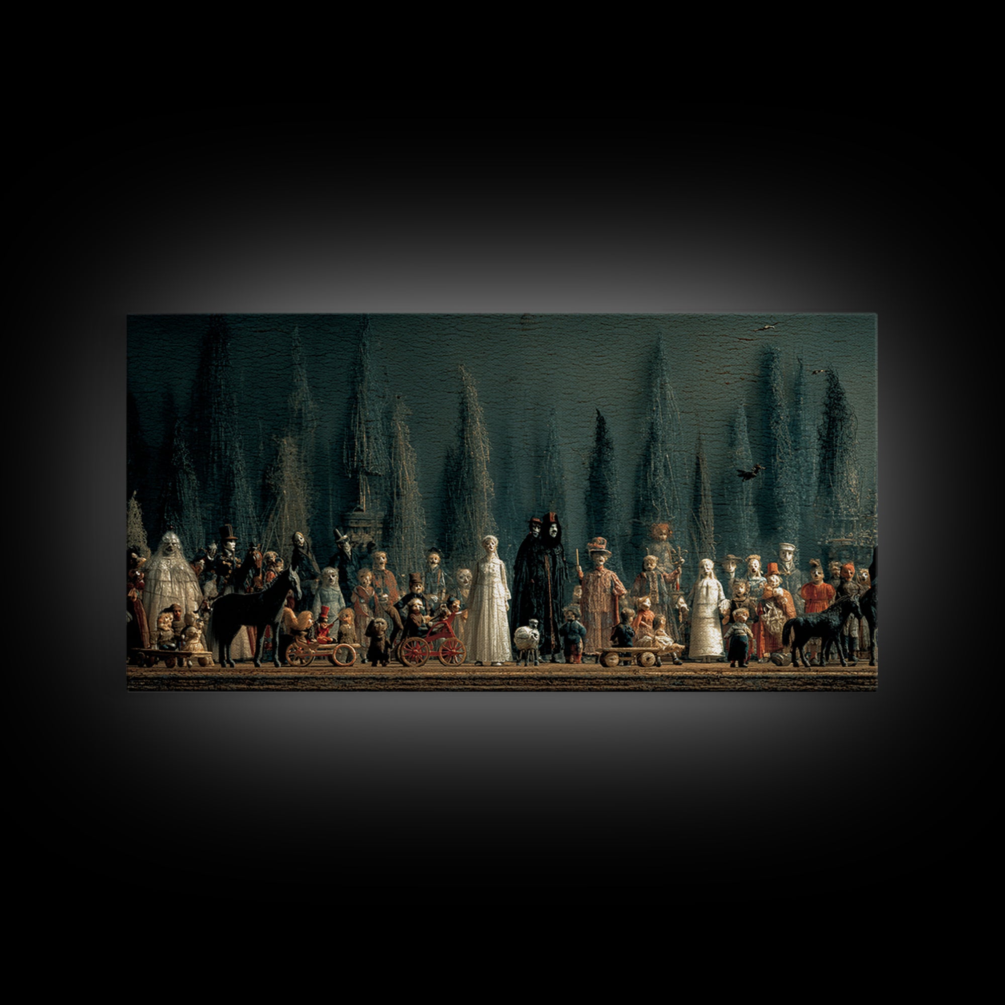The Haunted Toy Parade, Symbolist Gothic Landscape, Wide Panoramic Art, Gothic Horror Wall Art, Framed Canvas Print, Halloween Wall Art