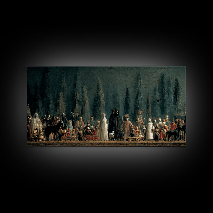 The Haunted Toy Parade, Symbolist Gothic Landscape, Wide Panoramic Art, Gothic Horror Wall Art, Framed Canvas Print, Halloween Wall Art