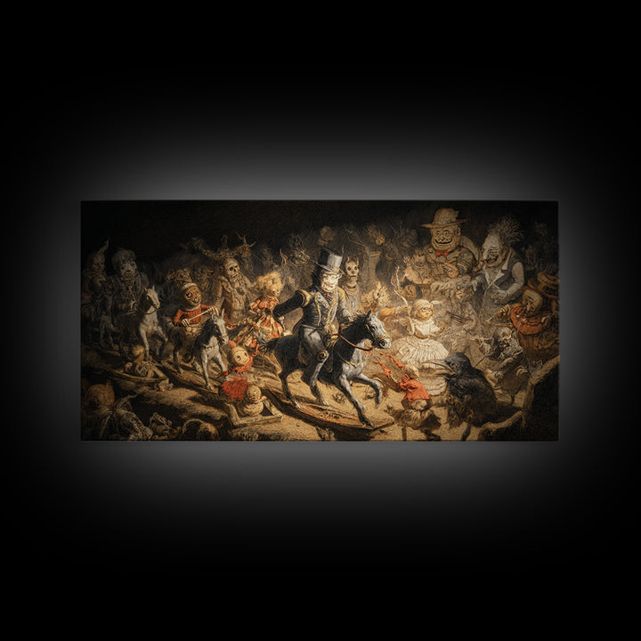 The Haunted Toy Parade, Expressionist Nightmare Art, Wide Panoramic Art, Dark Fantasy Wall Art, Canvas Print, Halloween Wall Art