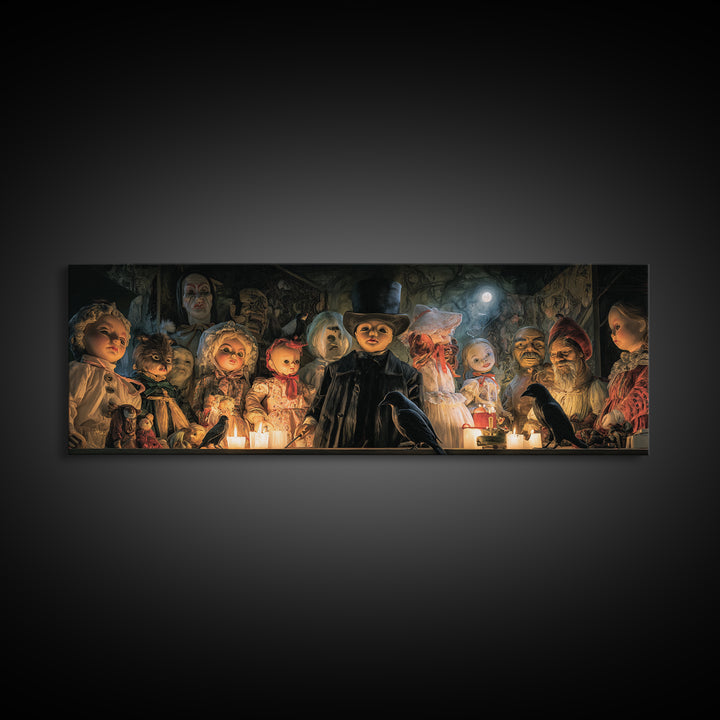 The Haunted Toy Parade, Expressionist Gothic Art, Extra Wide Wall Art, Dark Halloween Decor, Framed Canvas Print, Halloween Wall Art