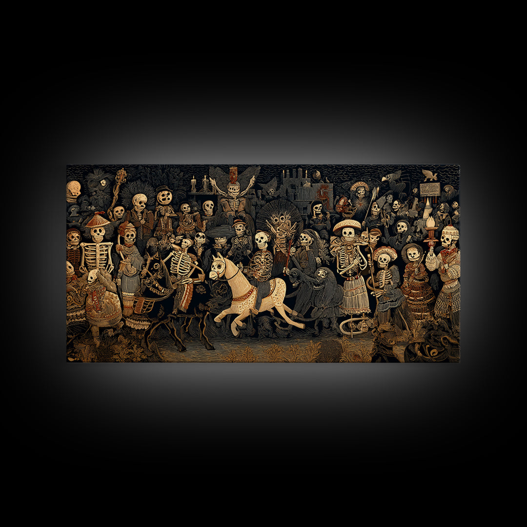 The Haunted Toy Parade, Macabre Folk Print Art, Wide Panoramic Art, Dark Halloween Decor, Canvas Print, Halloween Wall Art