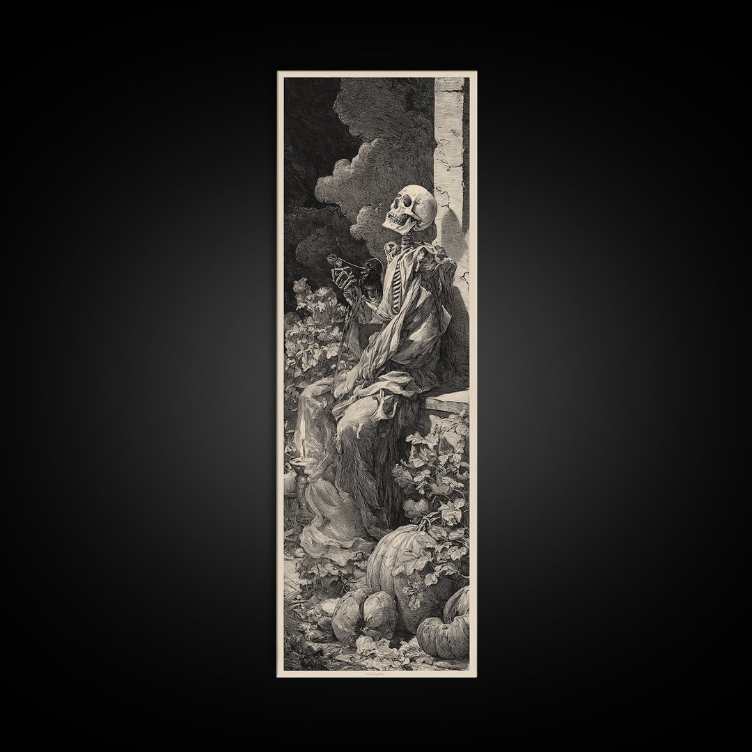 The Skeleton Gardeners, Gothic Engraving Art, Tall Narrow Wall Art, Dark Halloween Decor, Framed Canvas Print, Halloween Wall Art
