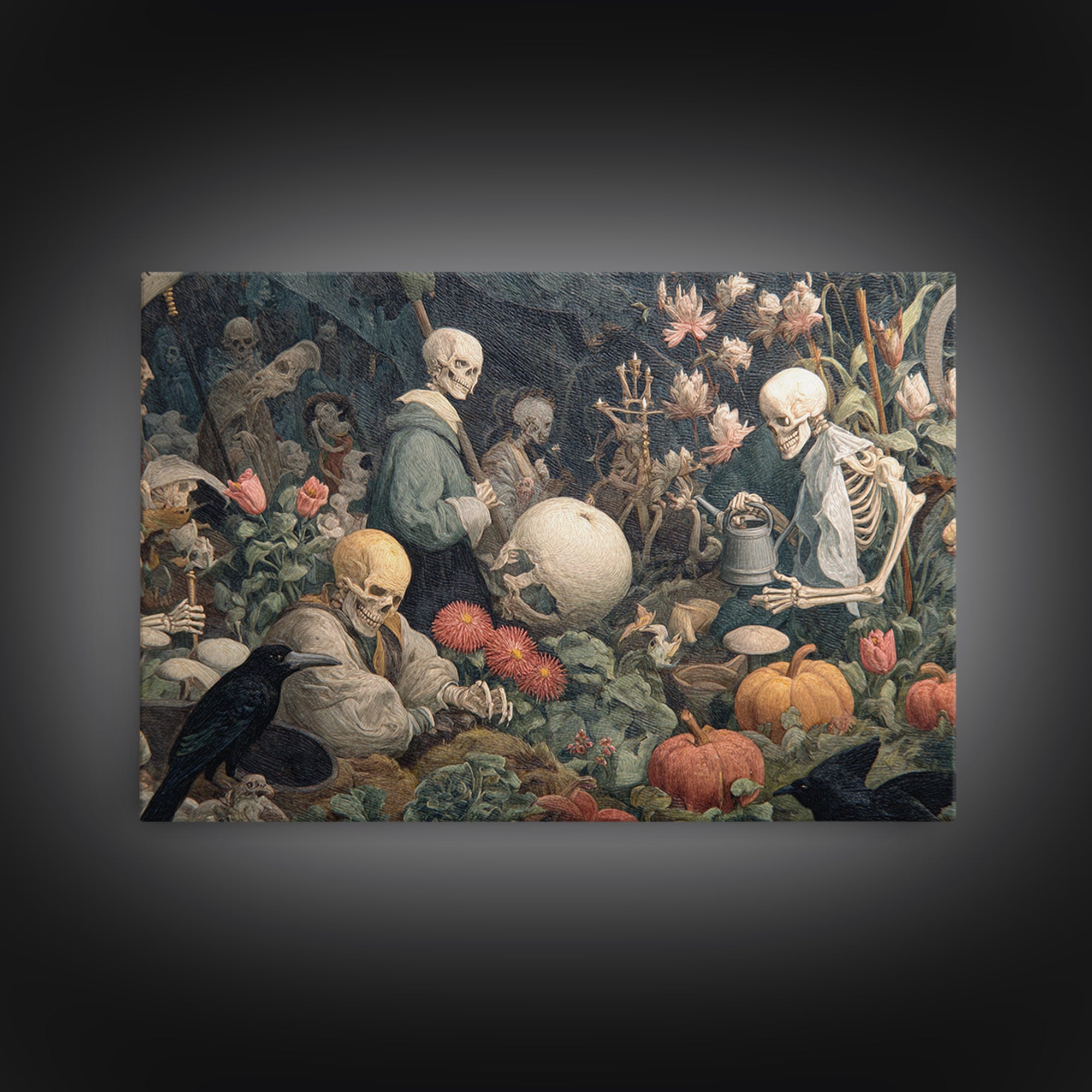The Skeleton Gardeners, Medieval Grotesque Art, Landscape Wall Art, Dark Fantasy Wall Art, Canvas Print, Halloween Wall Art