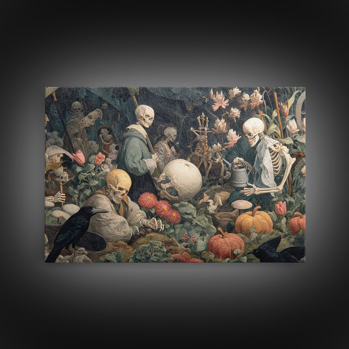 The Skeleton Gardeners, Medieval Grotesque Art, Landscape Wall Art, Dark Fantasy Wall Art, Canvas Print, Halloween Wall Art