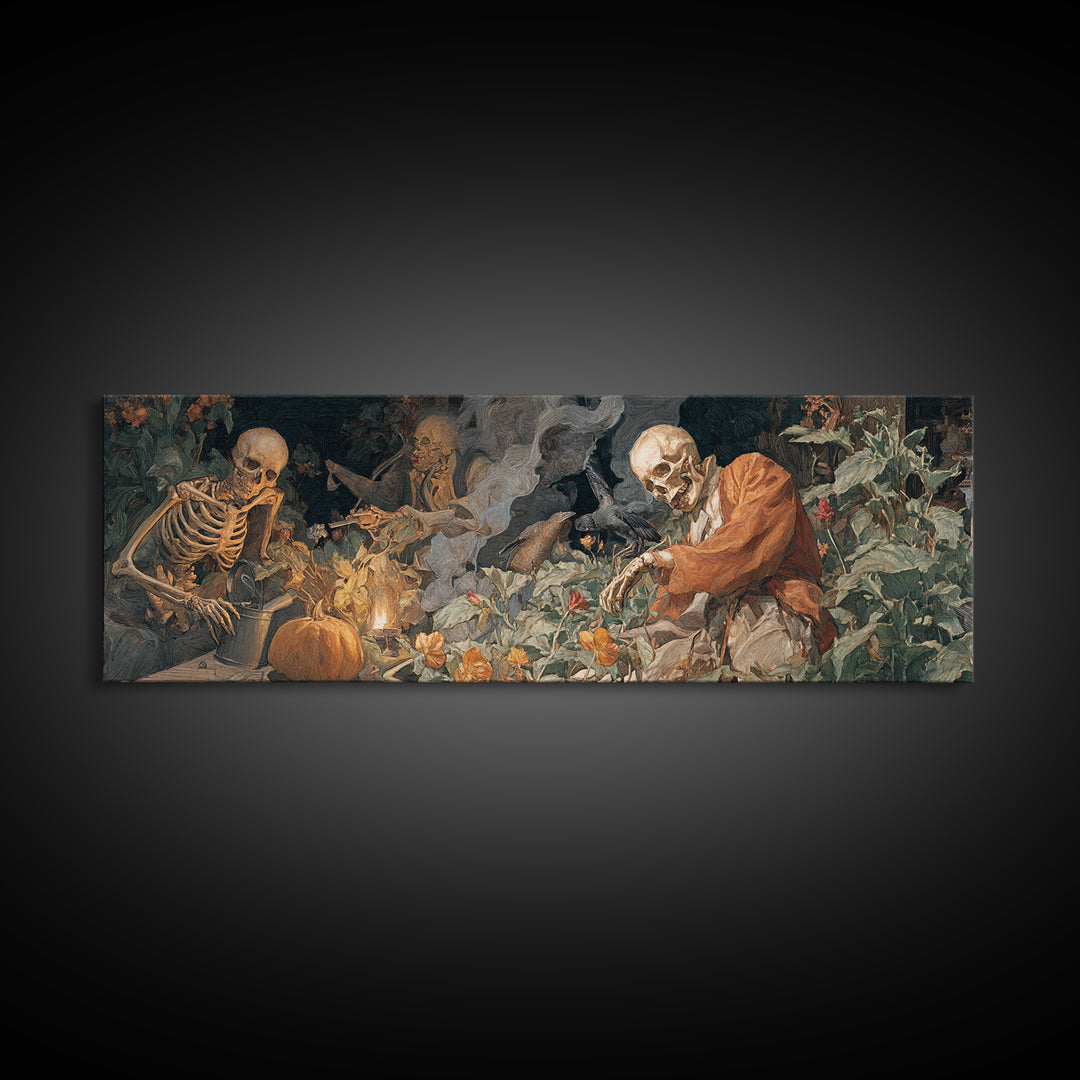 The Skeleton Gardeners, Dark Renaissance Art, Extra Wide Wall Art, Gothic Horror Wall Art, Framed Canvas Print