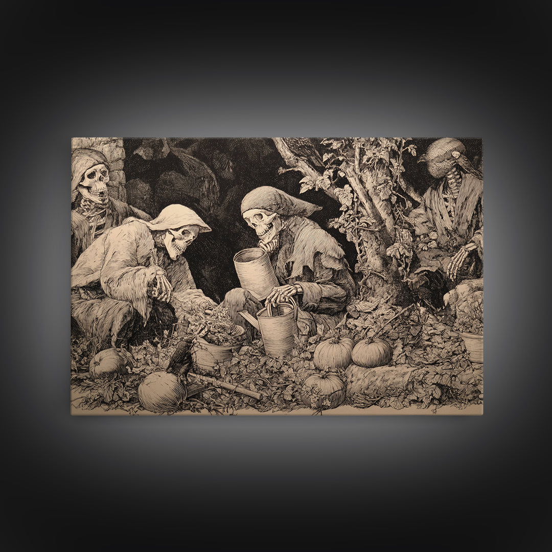 The Skeleton Gardeners, Renaissance Engraving Art, Landscape Wall Art, Dark Fantasy Wall Art, Canvas Print, Halloween Wall Art