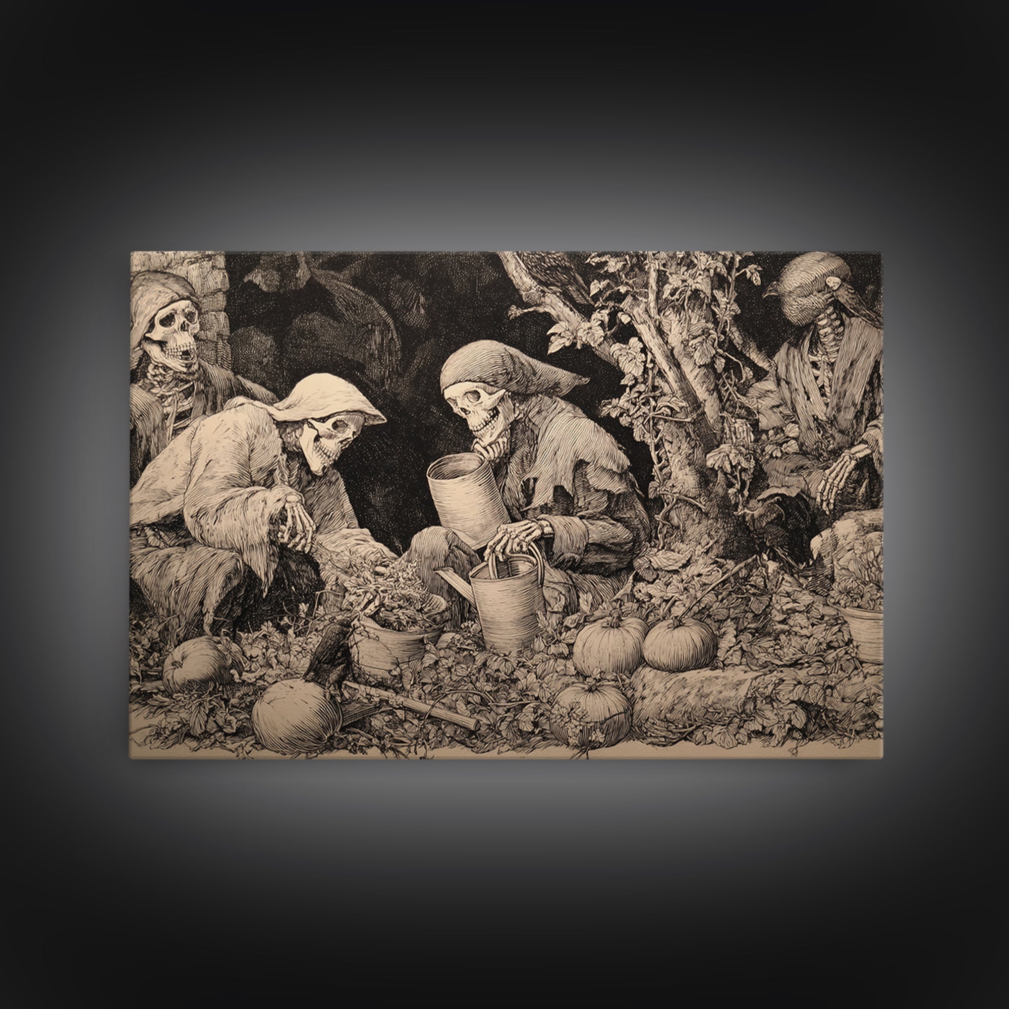 The Skeleton Gardeners, Renaissance Engraving Art, Landscape Wall Art, Dark Fantasy Wall Art, Canvas Print, Halloween Wall Art