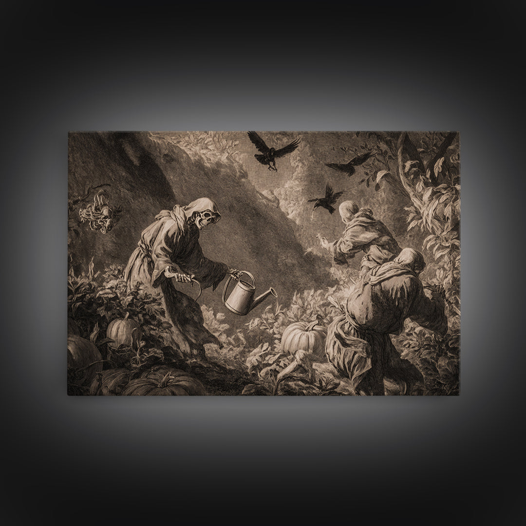 The Skeleton Gardeners, Baroque Witchcraft Art, Landscape Wall Art, Dark Fantasy Wall Art, Canvas Print, Halloween Wall Art