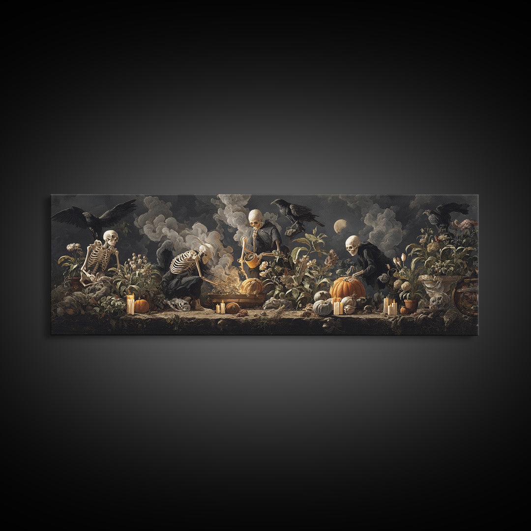 The Skeleton Gardeners, Gothic Nightmare Art, Extra Wide Wall Art, Macabre Wall Art, Canvas Print, Halloween Wall Art