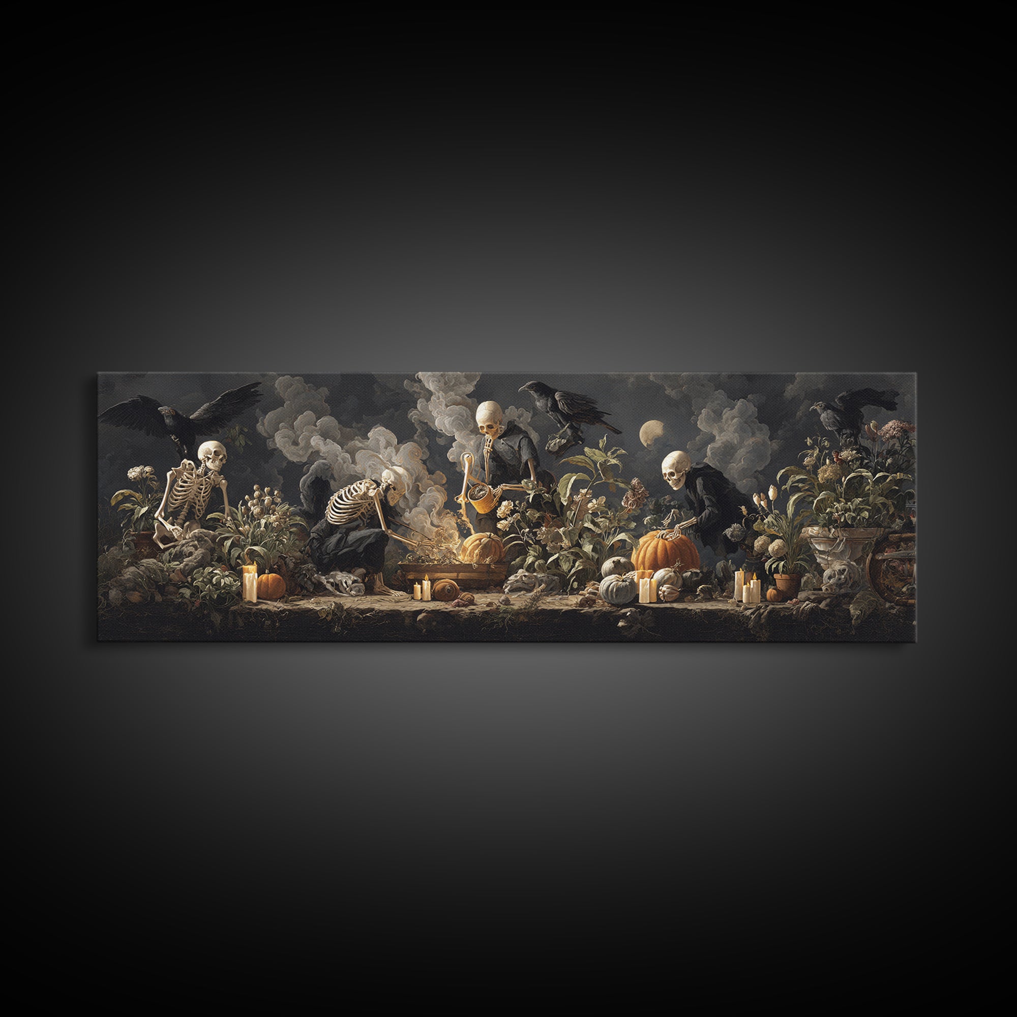 The Skeleton Gardeners, Gothic Nightmare Art, Extra Wide Wall Art, Macabre Wall Art, Canvas Print, Halloween Wall Art