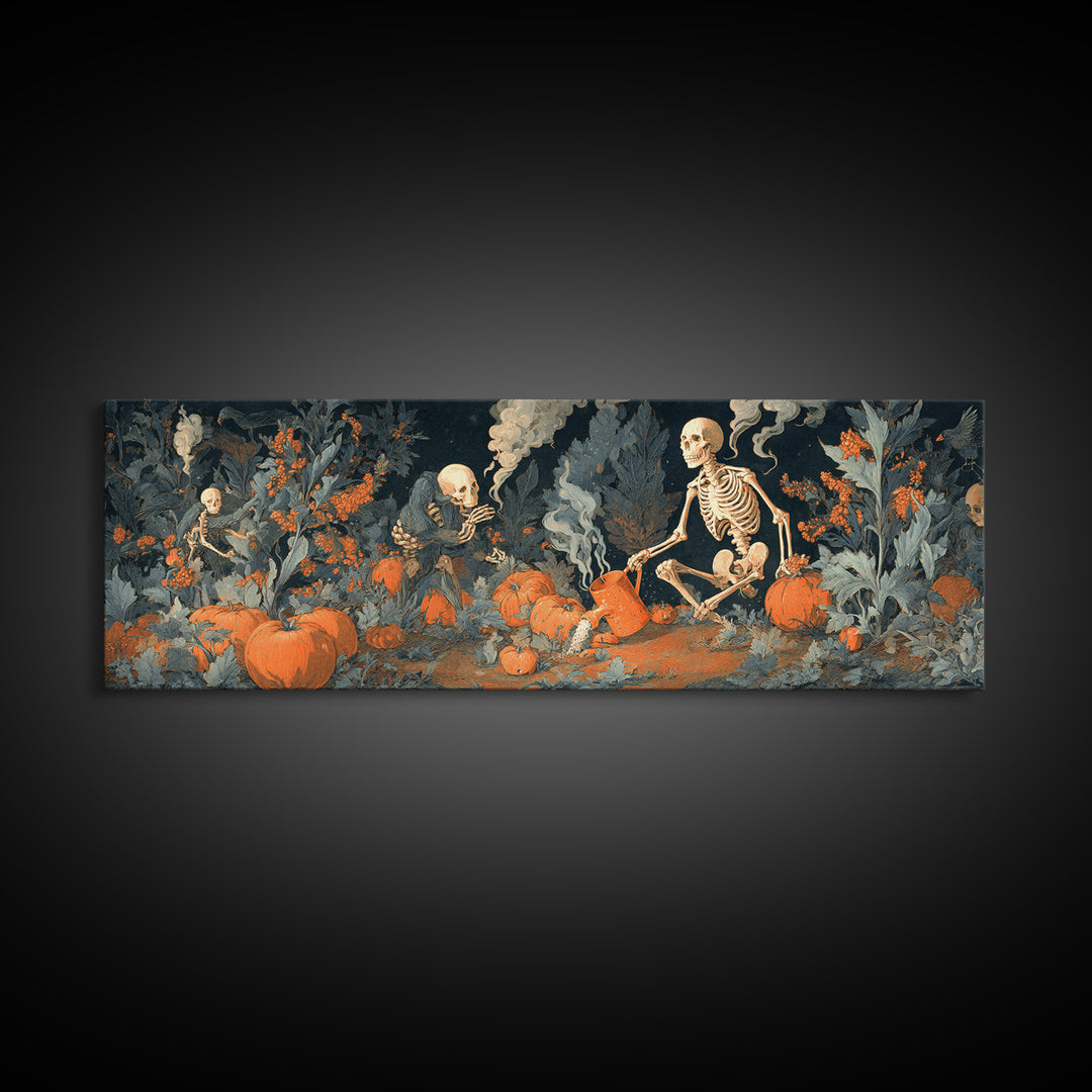 The Skeleton Gardeners, Visionary Gothic Art, Extra Wide Wall Art, Dark Fantasy Wall Art, Framed Canvas Print, Halloween Wall Art