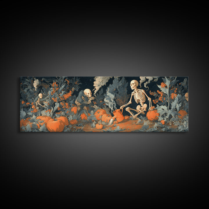 The Skeleton Gardeners, Visionary Gothic Art, Extra Wide Wall Art, Dark Fantasy Wall Art, Framed Canvas Print, Halloween Wall Art
