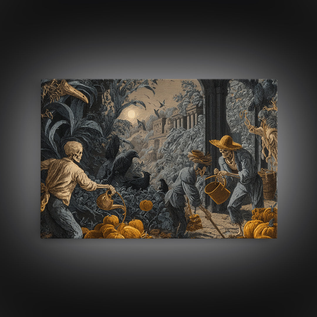 The Skeleton Gardeners, Architectural Etching Art, Landscape Wall Art, Dark Halloween Decor, Canvas Print, Halloween Wall Art