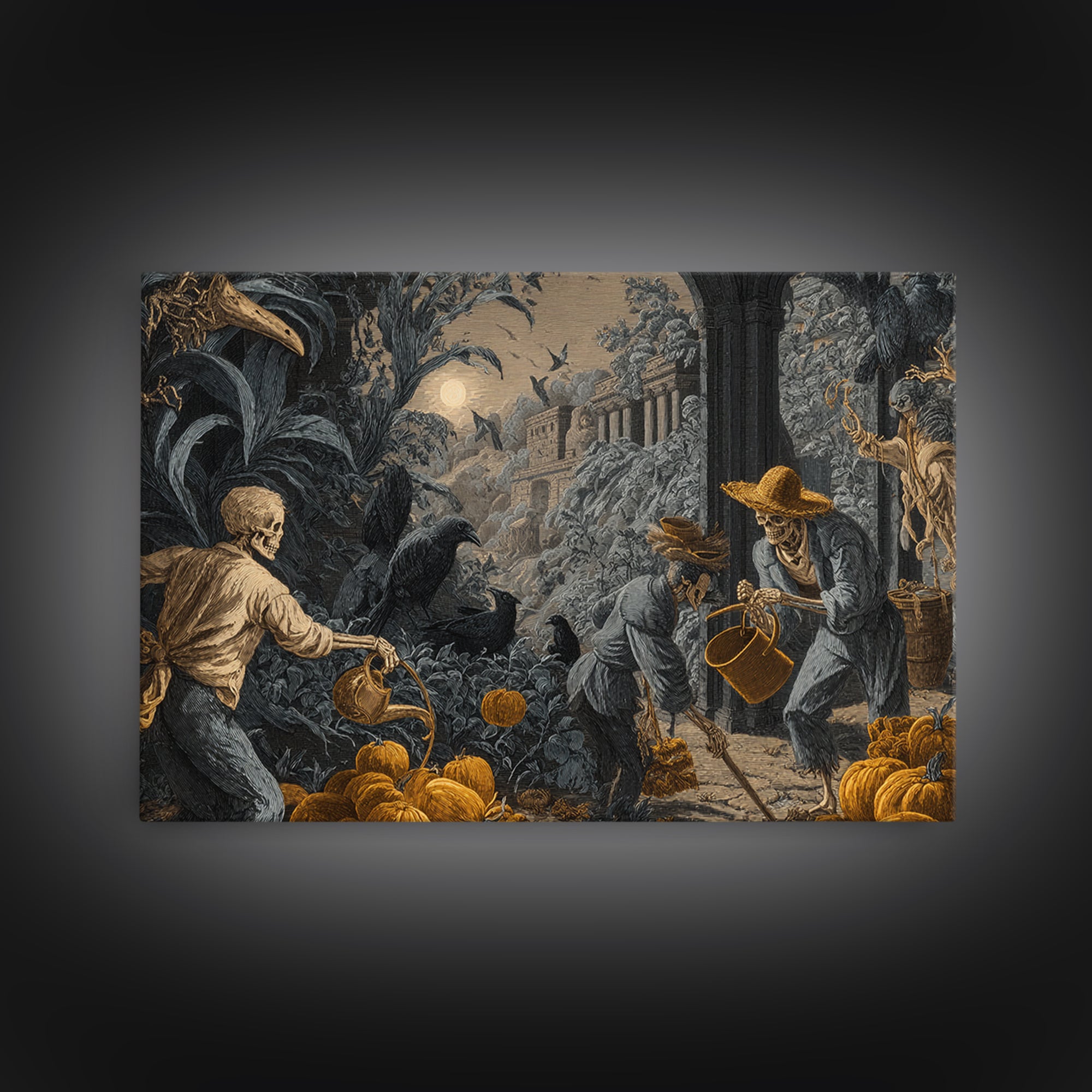 The Skeleton Gardeners, Architectural Etching Art, Landscape Wall Art, Dark Halloween Decor, Canvas Print, Halloween Wall Art