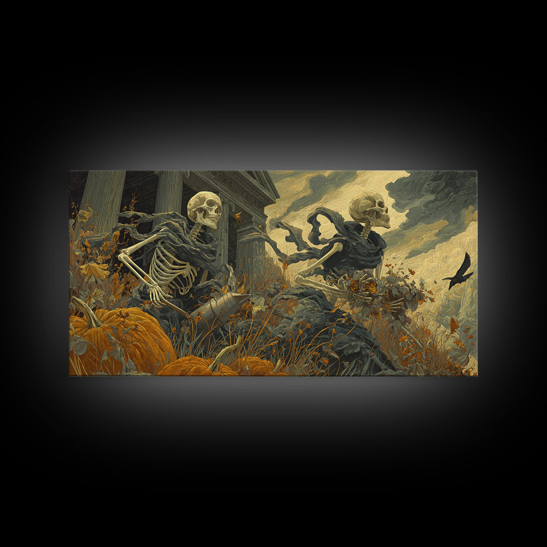 The Skeleton Gardeners, Apocalyptic Romantic Art, Wide Panoramic Art, Gothic Horror Wall Art, Framed Canvas Print, Halloween Wall Art