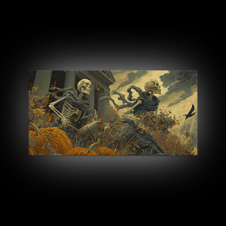 The Skeleton Gardeners, Apocalyptic Romantic Art, Wide Panoramic Art, Gothic Horror Wall Art, Framed Canvas Print, Halloween Wall Art