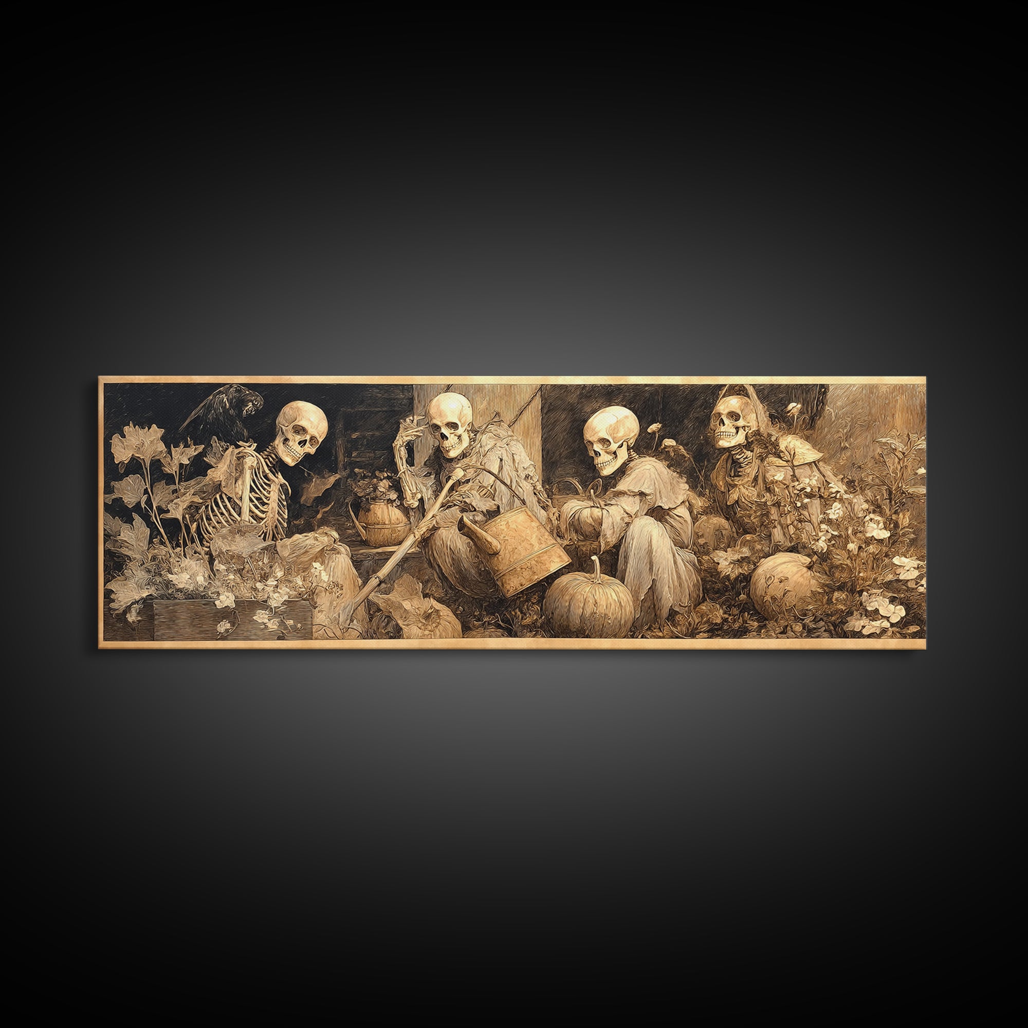 The Skeleton Gardeners, Ornate Symbolist Art, Extra Wide Wall Art, Dark Fantasy Wall Art, Canvas Print, Halloween Wall Art