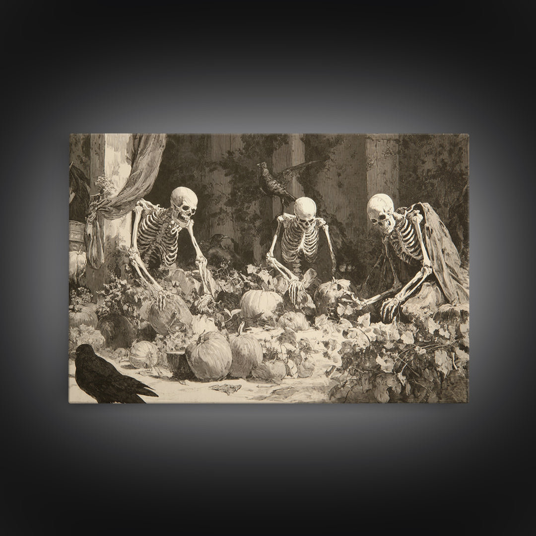 The Skeleton Gardeners, Decadent Gothic Art, Landscape Wall Art, Gothic Horror Wall Art, Framed Canvas Print, Halloween Wall Art