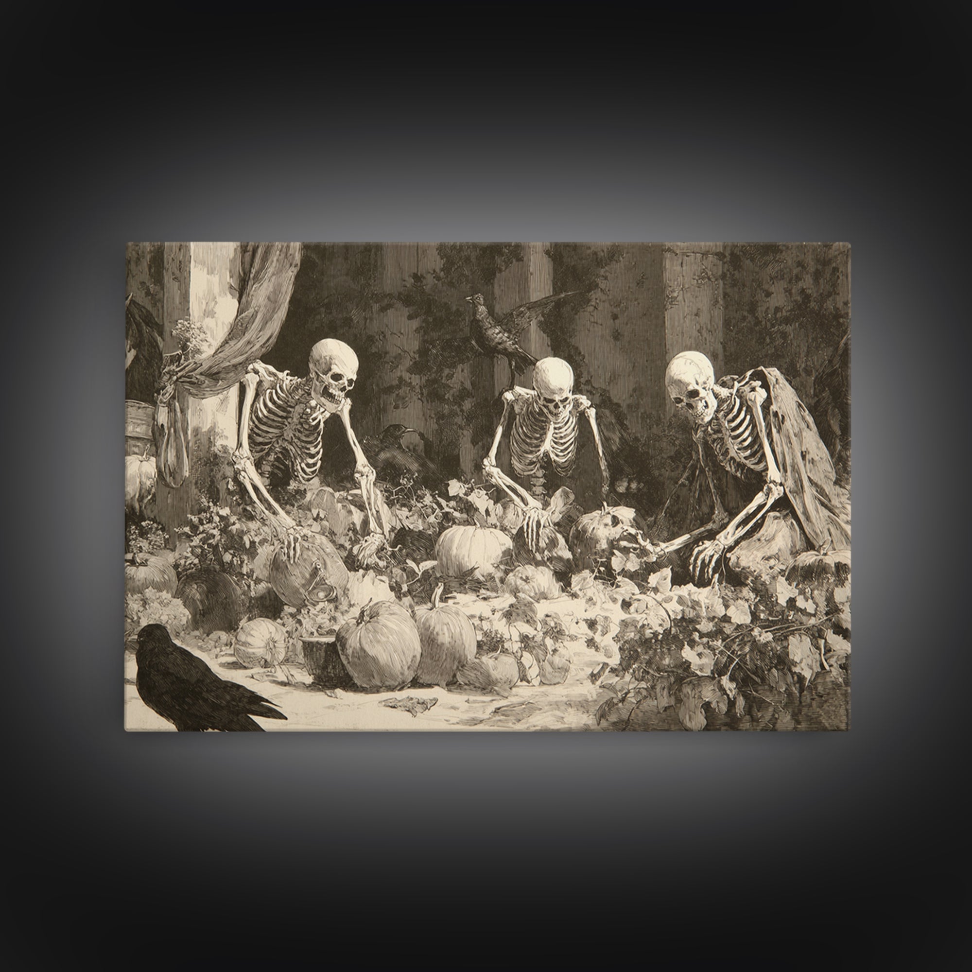 The Skeleton Gardeners, Decadent Gothic Art, Landscape Wall Art, Gothic Horror Wall Art, Framed Canvas Print, Halloween Wall Art