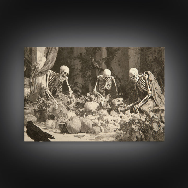 The Skeleton Gardeners, Decadent Gothic Art, Landscape Wall Art, Gothic Horror Wall Art, Framed Canvas Print, Halloween Wall Art